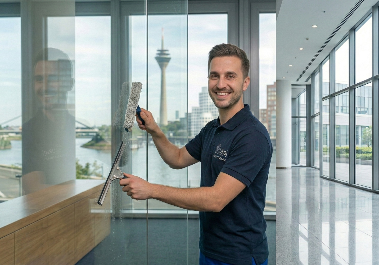 Mitarbeiter von Ukaj Services bei der Glasreinigung in Düsseldorf mit Blick auf den Rheinturm